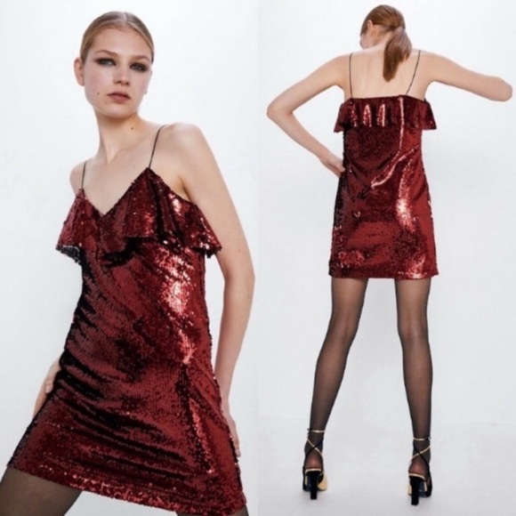 NWT Zara luxury holiday party wedding red mini sequin dress - Picture 2 of 12